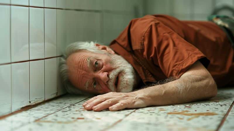 Elderly man falls on the bathroom floor