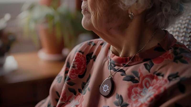 Medical alert pendant worn by an elderly woman